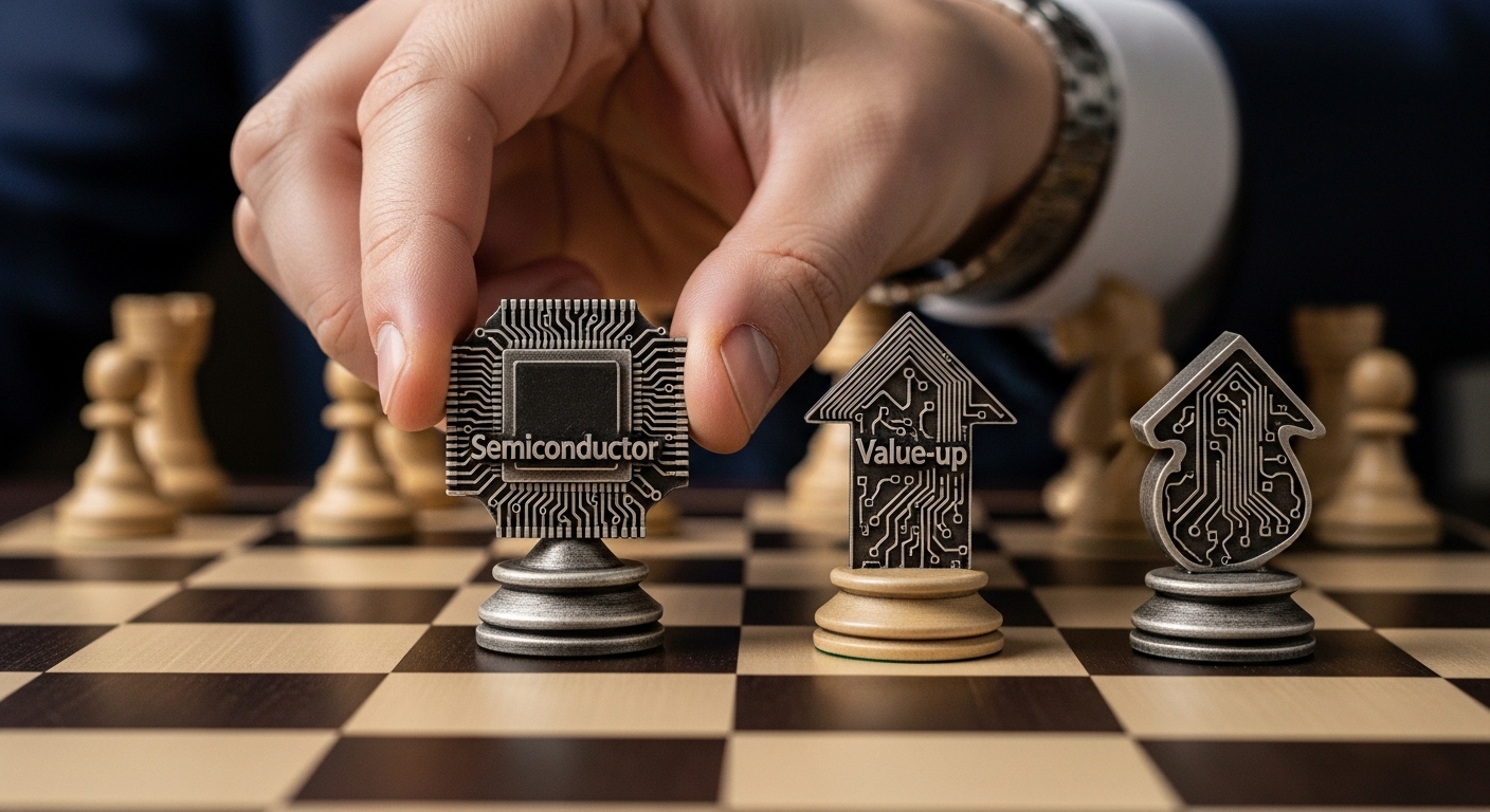 Hand strategically placing 'Semiconductor' and 'Value-up' pieces on a chessboard.