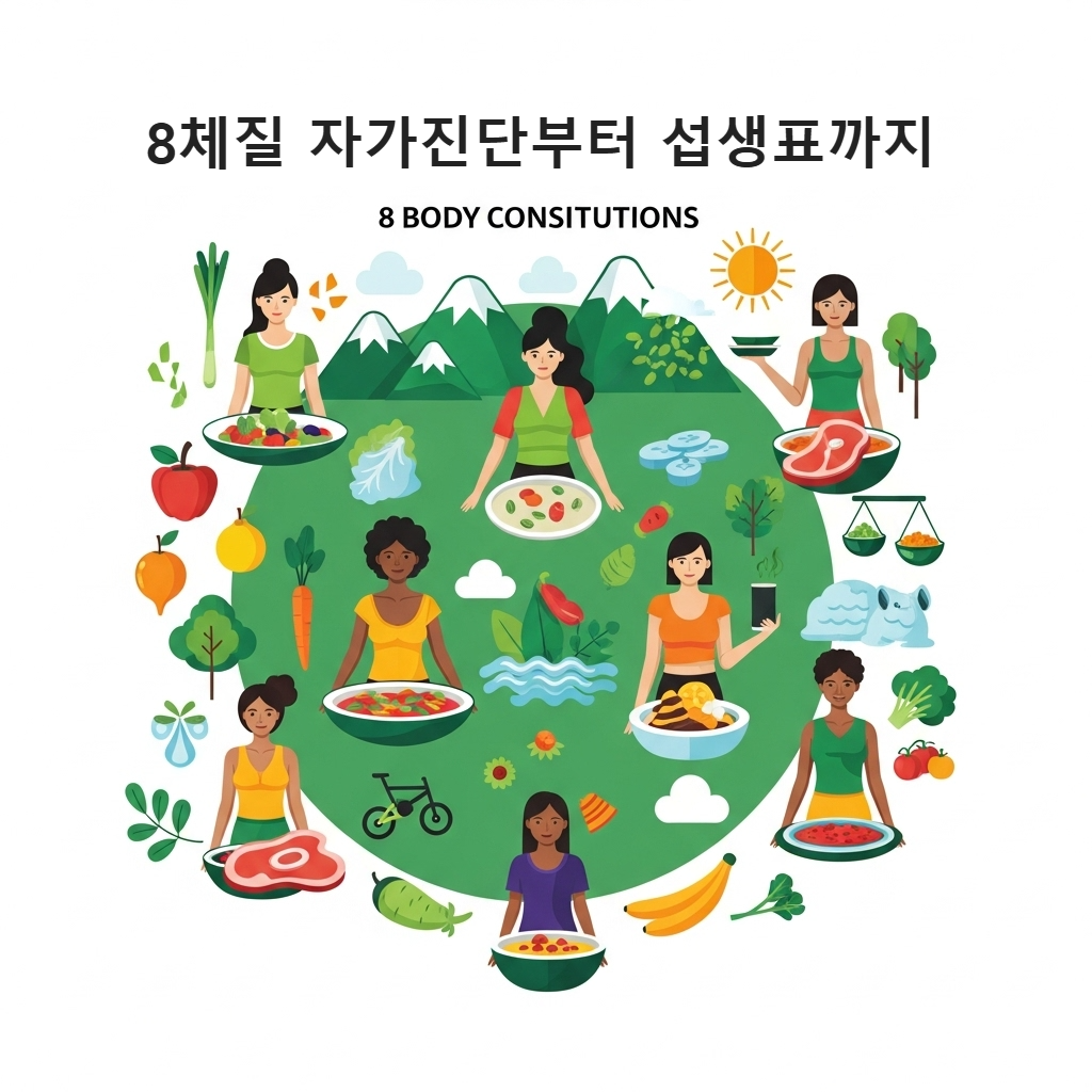 8체질 자가진단과 섭생표를 나타내는 다채로운 인포그래픽, 다양한 체형의 사람들이 건강한 음식과 운동을 하는 모습