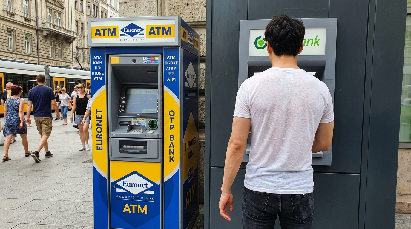 부다페스트 거리에 설치된 Euronet 사설 ATM과 OTP Bank ATM의 외관 차이를 보여주는 비교 사진