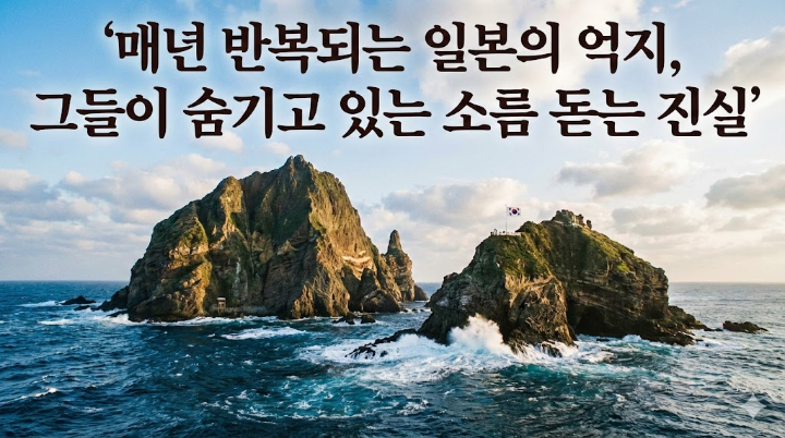 동해의 푸른 파도 위에 굳건히 서 있는 독도의 웅장한 모습. 상단에 '매년 반복되는 일본의 억지, 그들이 숨기고 있는 소름 돋는 진실'이라는 문구가 굵은 명조체로 적혀 있다.