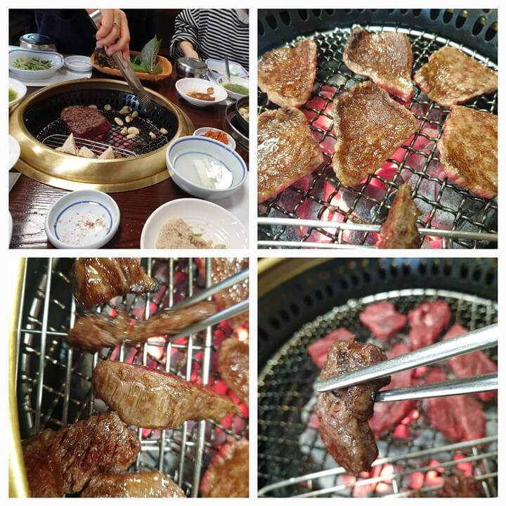 숯위에서 구워지고 있는 한우들