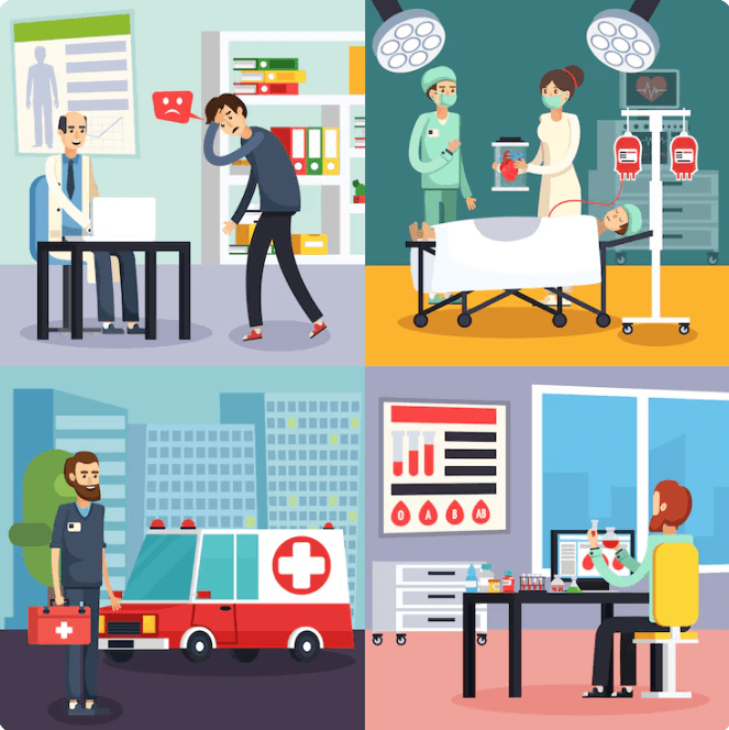 병원에서 일어나는 여러 가지 일들을 나타내는 모습