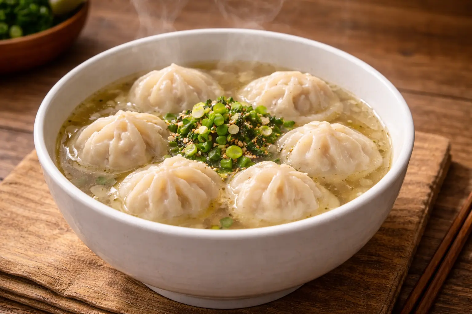 흰 그릇에 담긴 냉동만두 채소 만두국 &ndash; 맑은 국물에 만두와 대파가 올라간 완성 사진