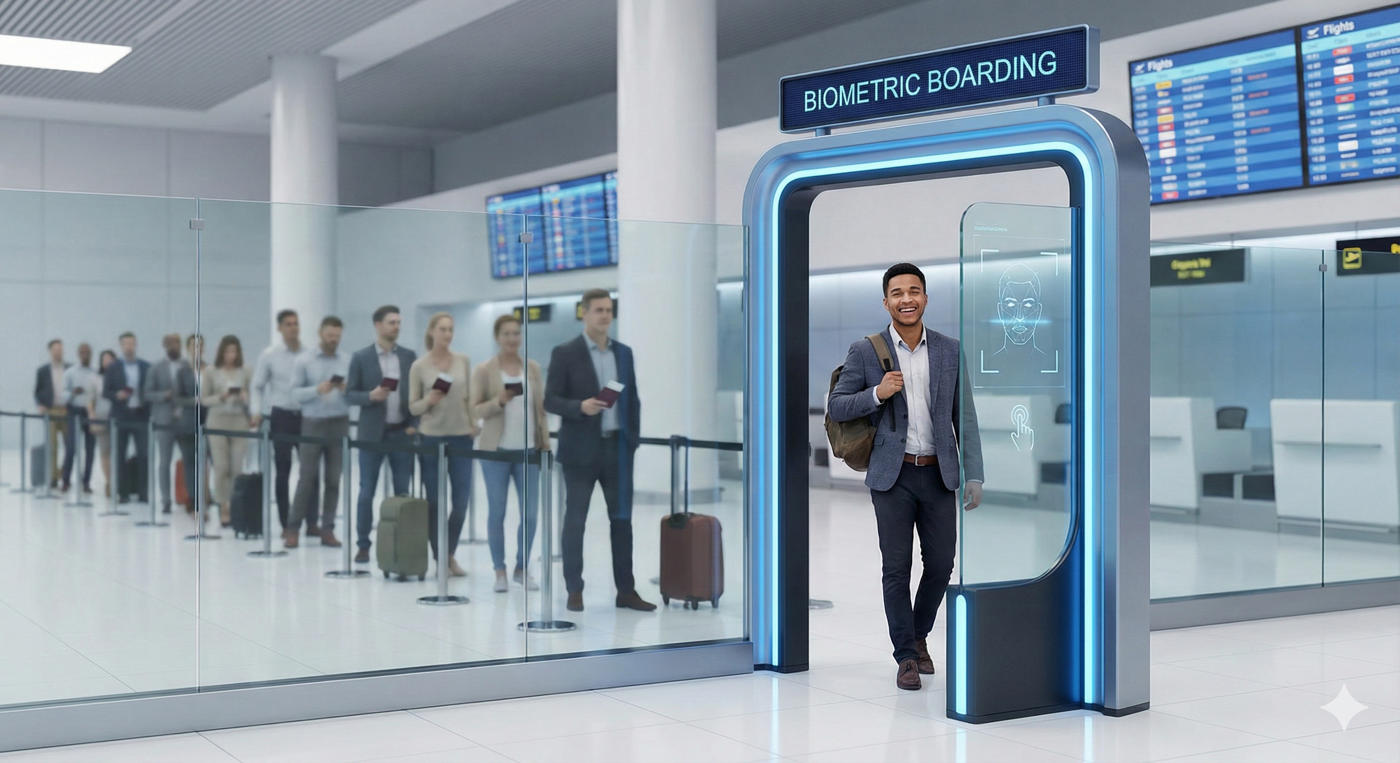 인천공항 스마트패스 안면인식 게이트를 통과하는 여행객과 일반 대기줄 비교 일러스트