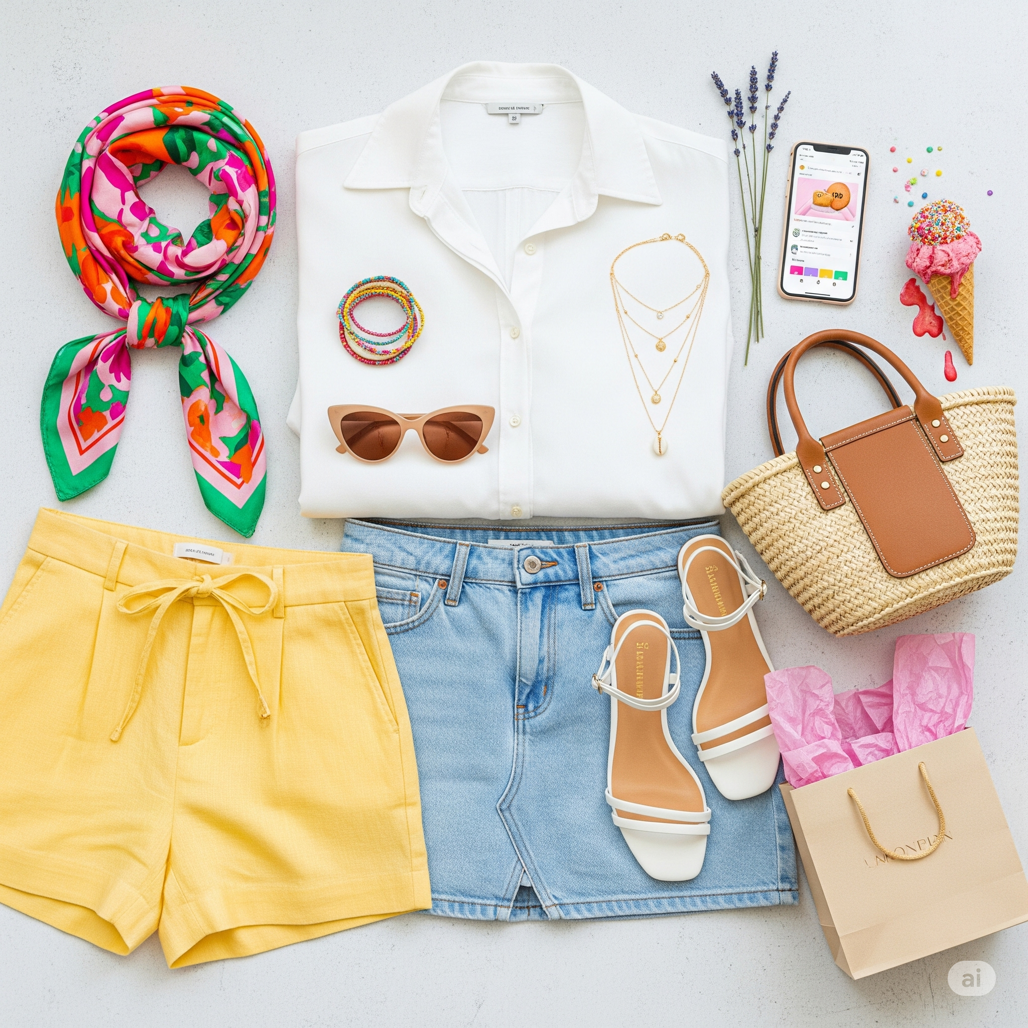 흰색 셔츠, 데님 스커트, 노란색 반바지, 라탄백, 선글라스 등 여름 옷과 액세서리가 흰색 배경에 감각적으로 배치되어 있는 평면 사진