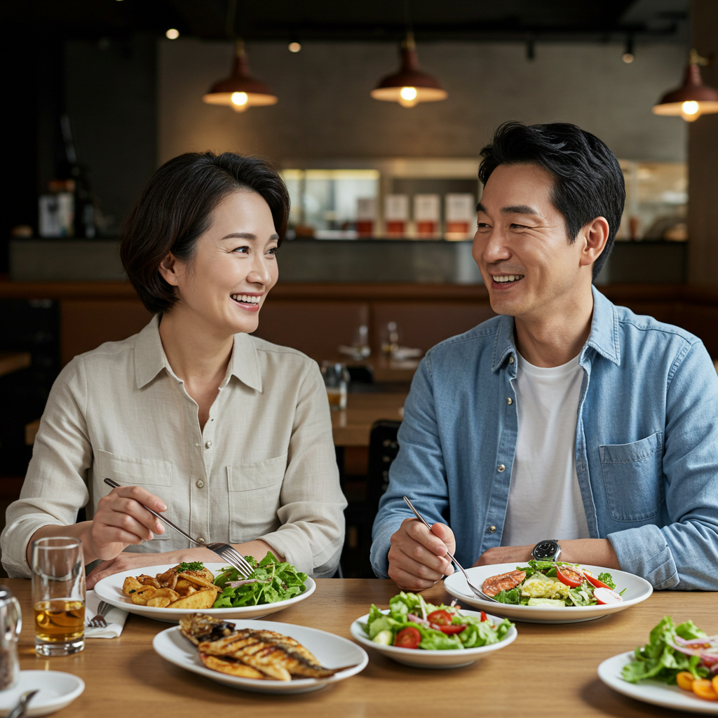 건강한 음식을 앞에 두고 레스토랑에서 즐겁게 대화하며 웃고 있는 40대 한국인 부부