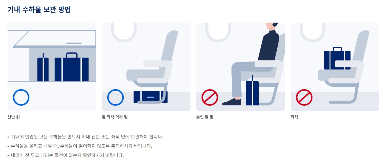 기내 선반과 앞 좌석 밑에 안전하게 수하물을 보관하는 방법 안내