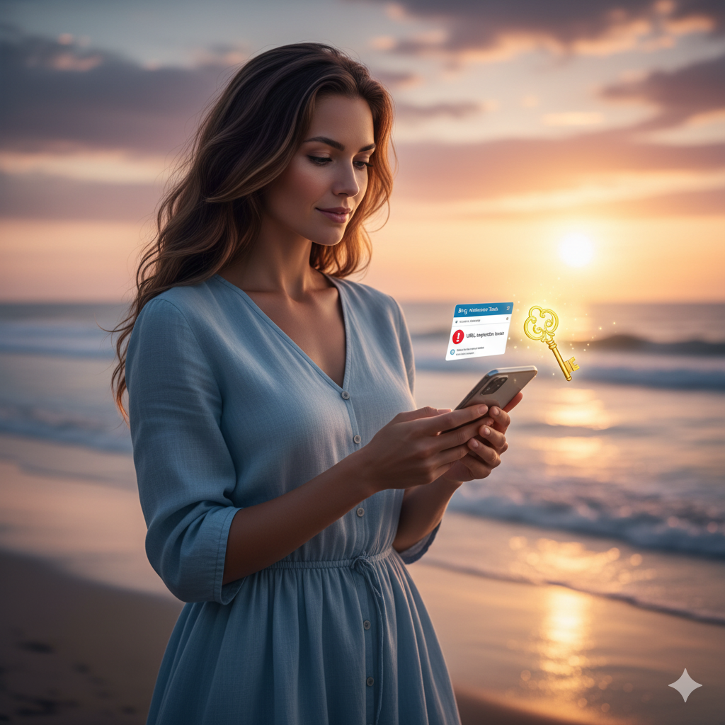 노을 지는 해변에서 여성이 스마트폰의 빨간 경고 아이콘과 황금 열쇠 아이콘을 보며 자신감 있는 표정을 짓는 모습
