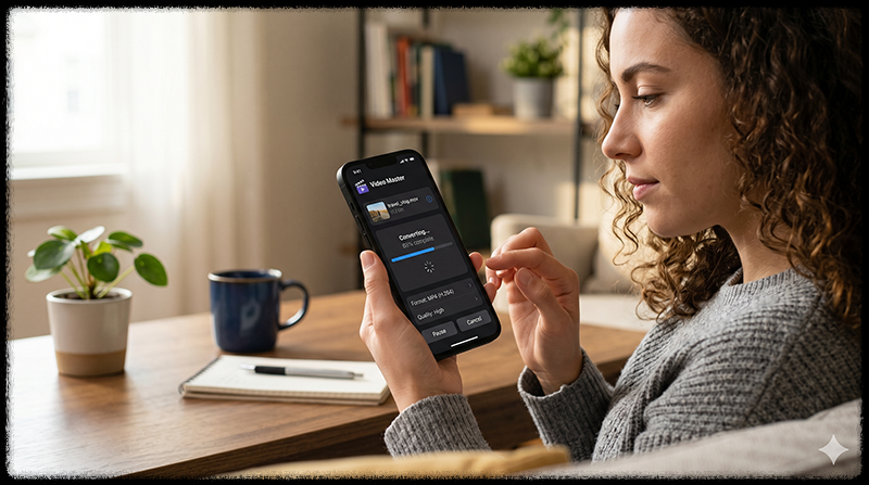 스마트폰에서 동영상 파일 형식을 변경하는 모습