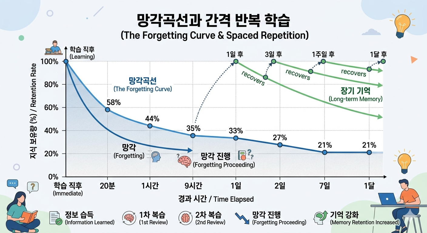에빙하우스의 망각곡선 이론을 그래프로 표현한 이미지