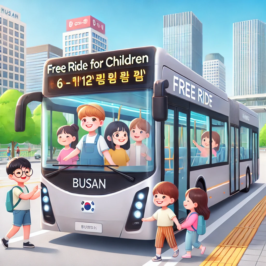 부산의 현대적인 시내버스 앞에서 여러 명의 어린이가 즐겁게 무료로 승차하는 모습. 버스의 전광판에는 &quot;만6세-만12세 어린이 무료 승차&quot;라는 문구가 표시되어 있으며, 배경에는 높은 빌딩과 푸른 나무들이 어우러진 활기찬 도시 풍경이 펼쳐져 있다.