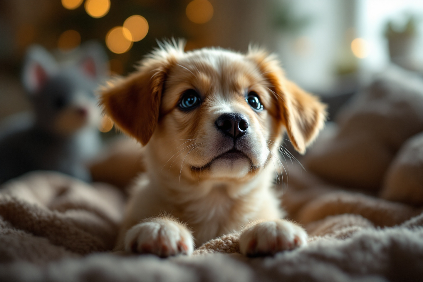 cute puppy looking up with hopeful eyes