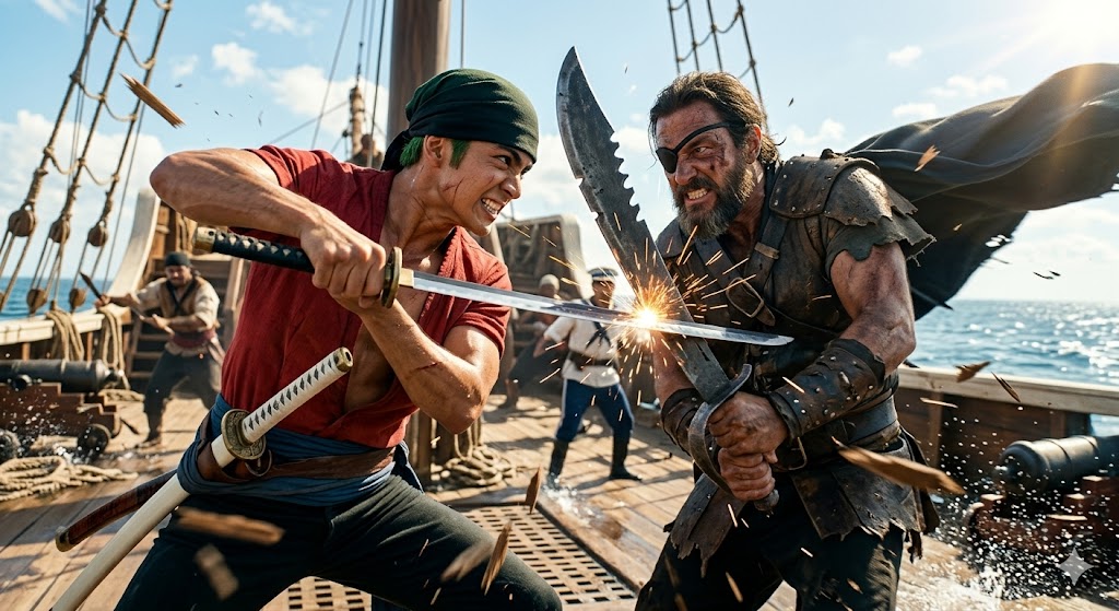 Live action Zoro clashing swords with an enemy, showing intense action and dynamic movement.