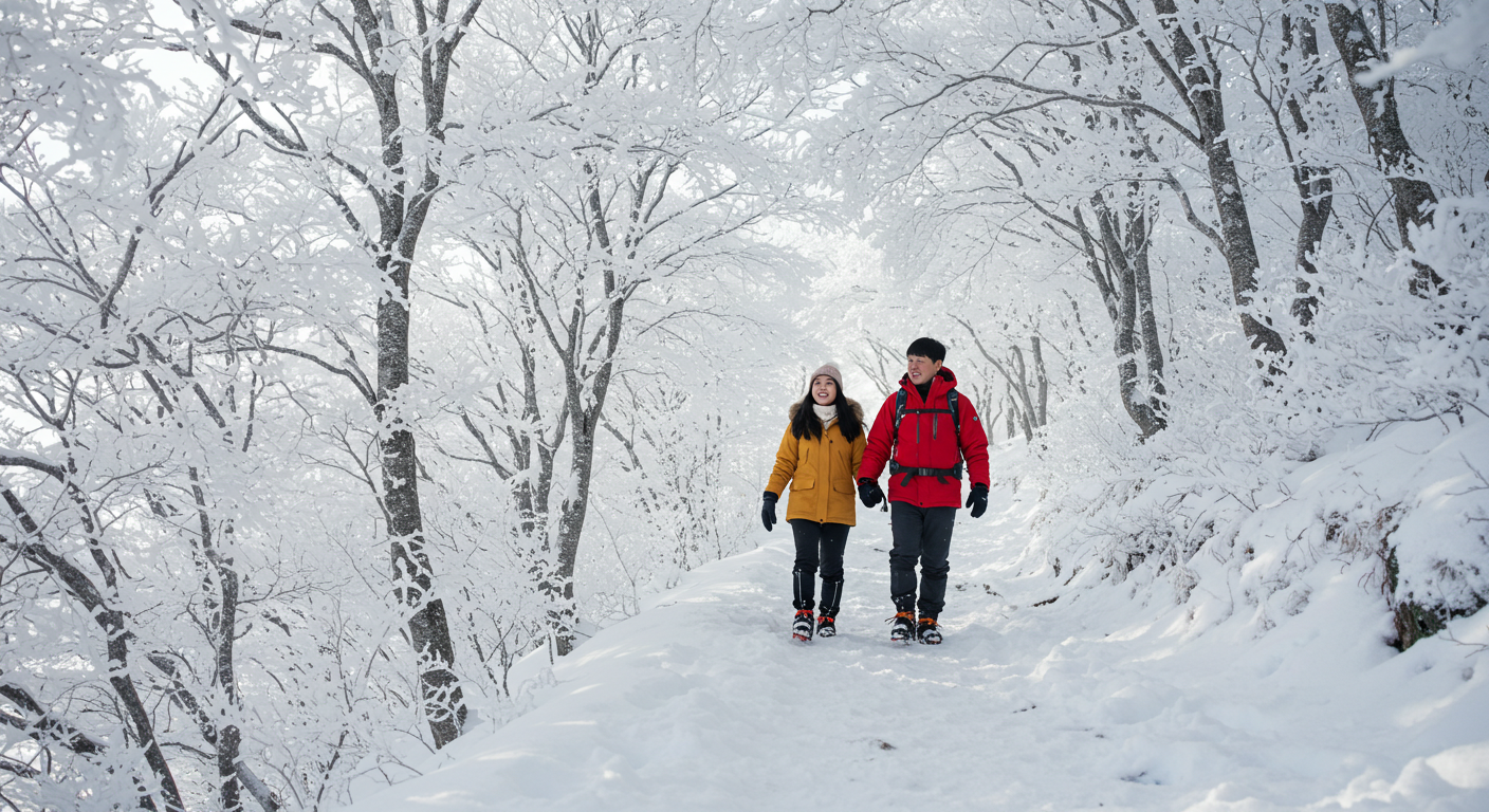 태백산 눈꽃 트레킹 코스에서 한국인 커플이 눈꽃 터널을 걷는 모습