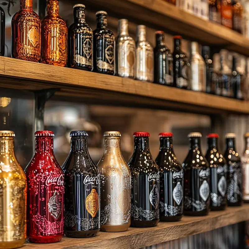 2025년 한정판 신제품 콜라가 고급스러운 디자인의 병과 캔으로 도심 카페 스타일 선반에 전시되어 있다. 프리미엄 콜라, 한정판, 신제품 추천, 독특한 디자인, 라이프스타일 트렌드를 감각적으로 강조한다.