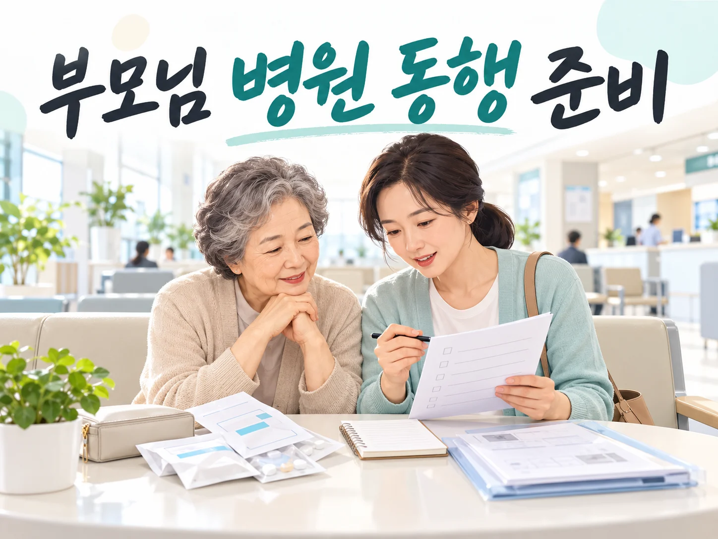 밝은 병원 대기공간에서 성인 자녀가 고령 부모님과 복용약 목록과 진료 준비자료를 확인하는 모습