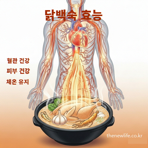 닭백숙은 콜라겐과 항산화 성분이 풍부해 피부 건강과 혈관 건강, 체온 유지에 도움을 주는 전통 보양식