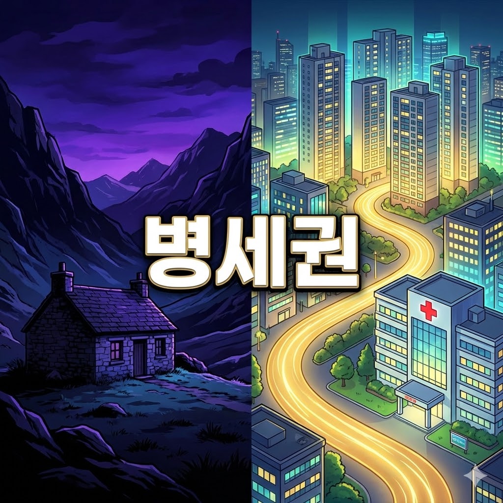 산속 전원주택과 대비되는 부산 도심 대형 병원 옆 아파트와 병세권 일러스트