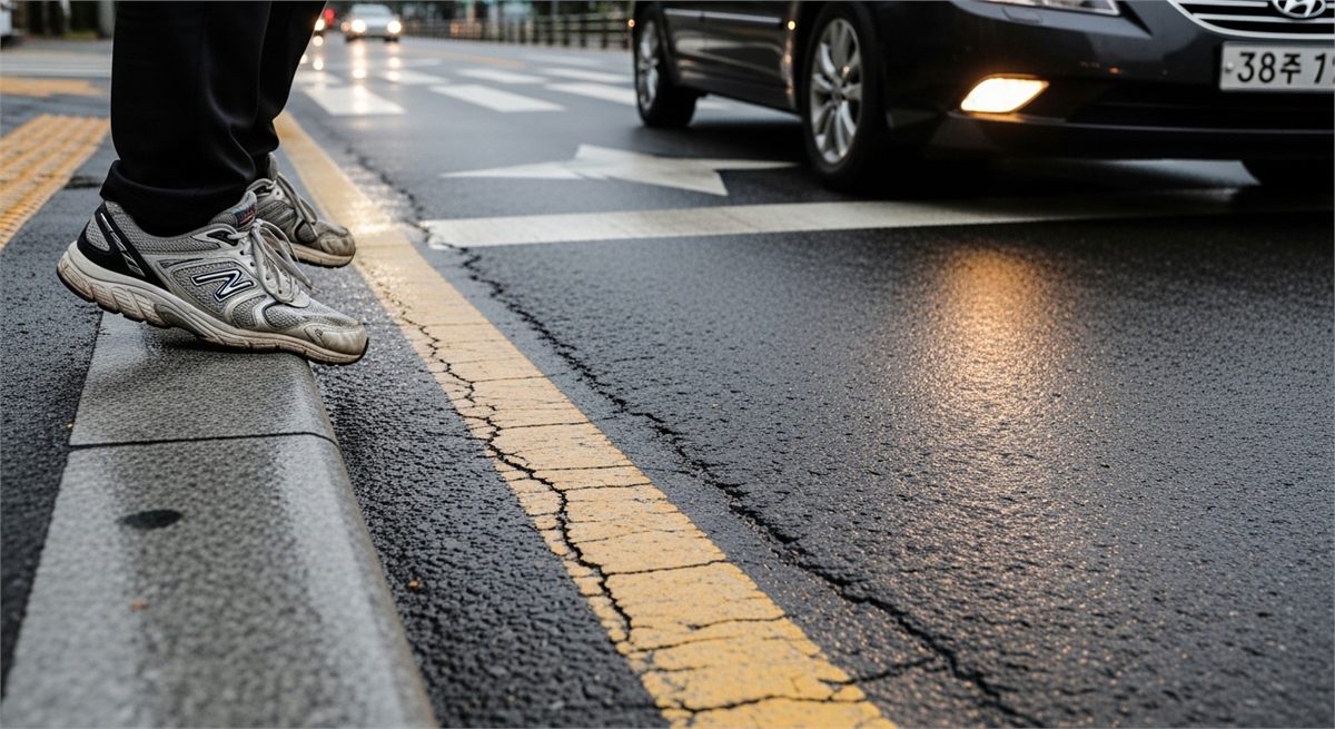 횡단보도에 접근하는 보행자와 멈춘 차량 장면