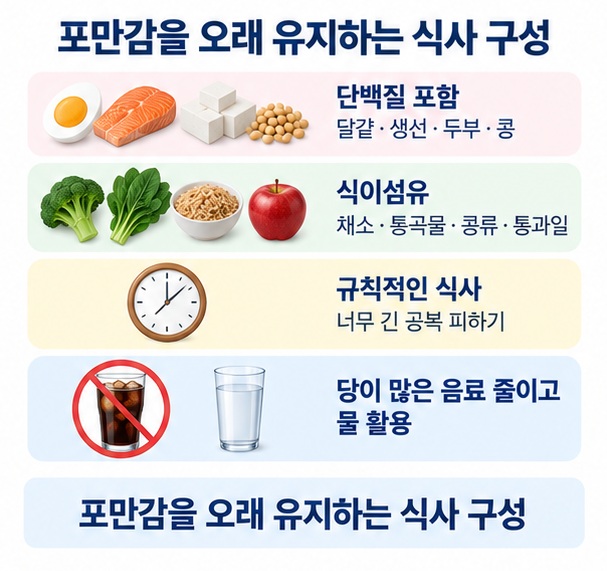 단백질 식이섬유 규칙적인 식사 당이 많은 음료 줄이기 등 포만감을 오래 유지하는 식사 방법을 정리한 이미지