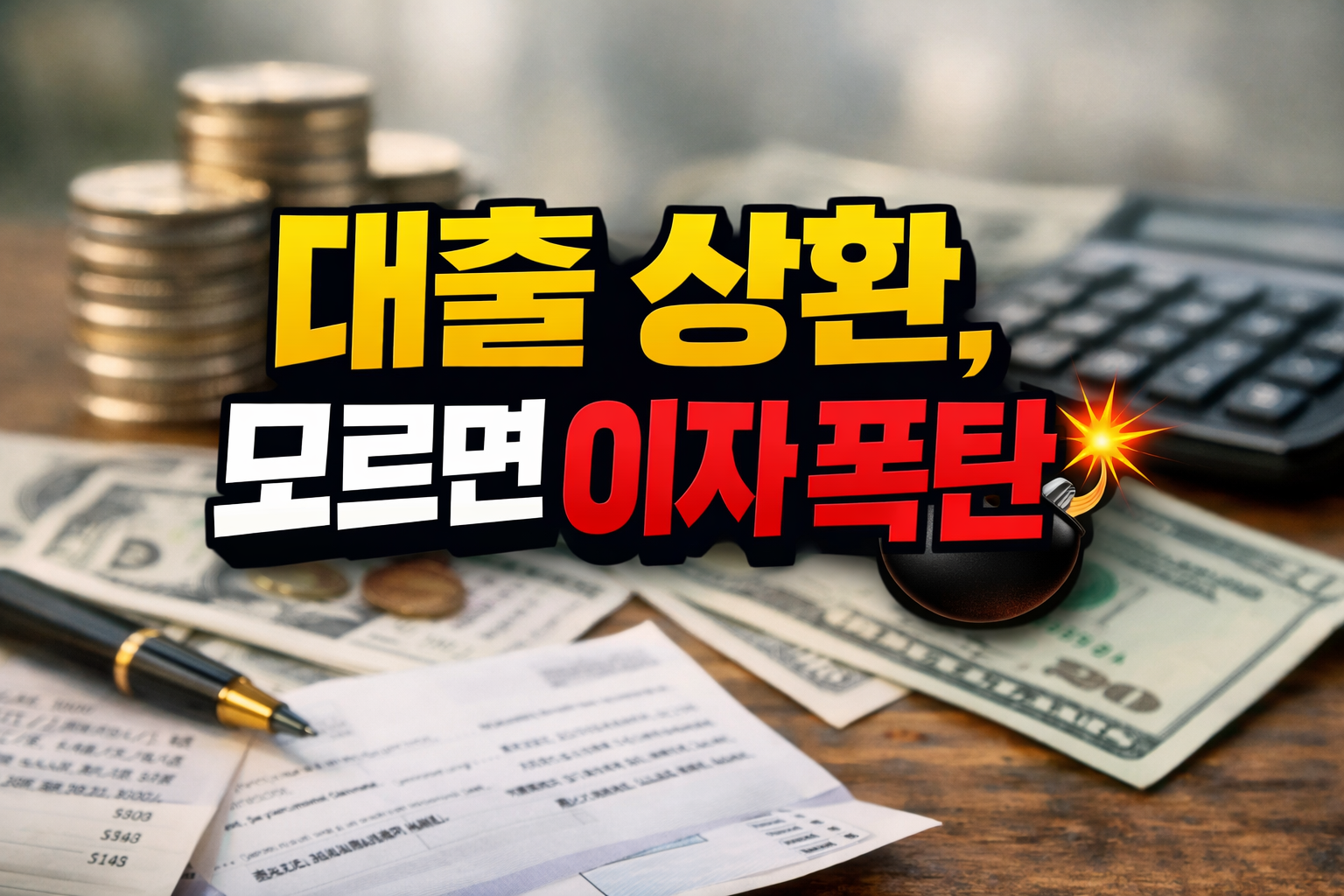 대출 상환 방식 차이로 이자 부담이 달라지는 개념 이미지, 계산기와 달러 지폐 위에 ‘대출 상환 모르면 이자폭탄’ 문구가 강조된 금융 리스크 설명 썸네일.