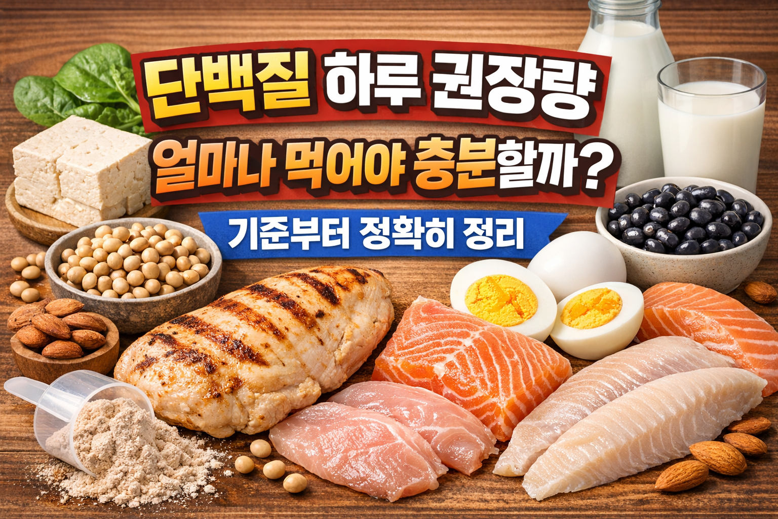 닭가슴살, 생선, 달걀, 두부 등 식품을 통해 단백질 하루 권장량을 설명한 이미지