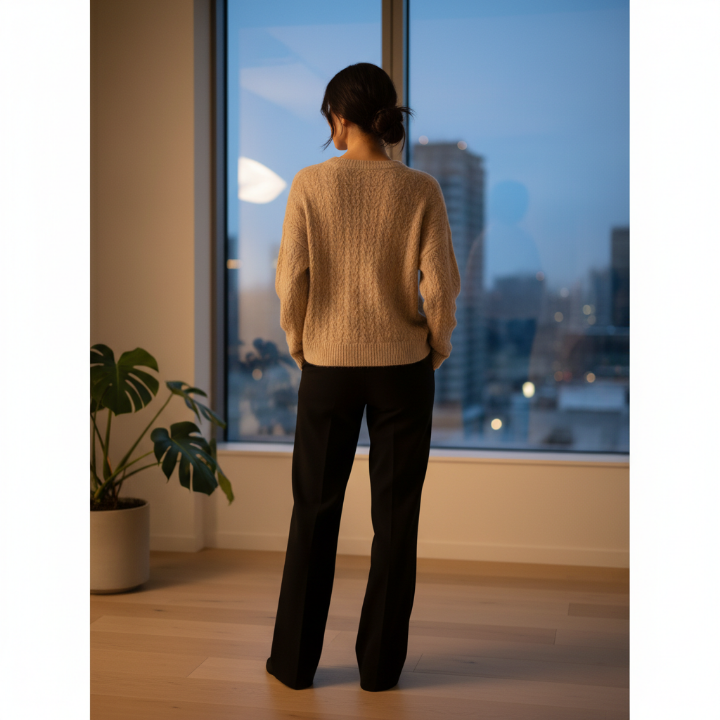 베이지색 캐시미어 니트와 검정색 슬랙스를 입은 여성의 뒷모습