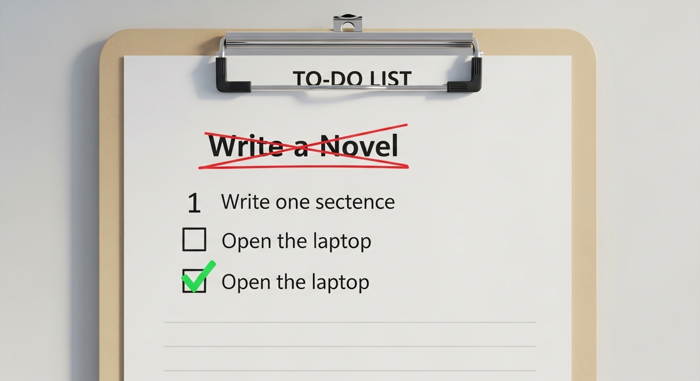 거창한 목표 대신 '한 문장 쓰기'와 같이 작게 쪼갠 목표가 체크된 투두리스트. 목표를 잘게 쪼개는 전략을 보여주는 이미지.