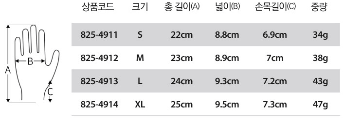 에어그립 장갑 사이즈표