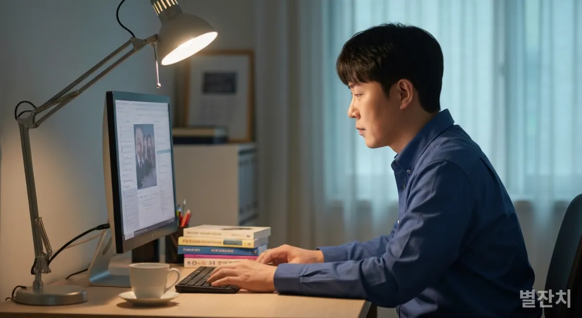 퇴근 후 집에서 부업 및 자기계발에 집중하는 한국인 남성