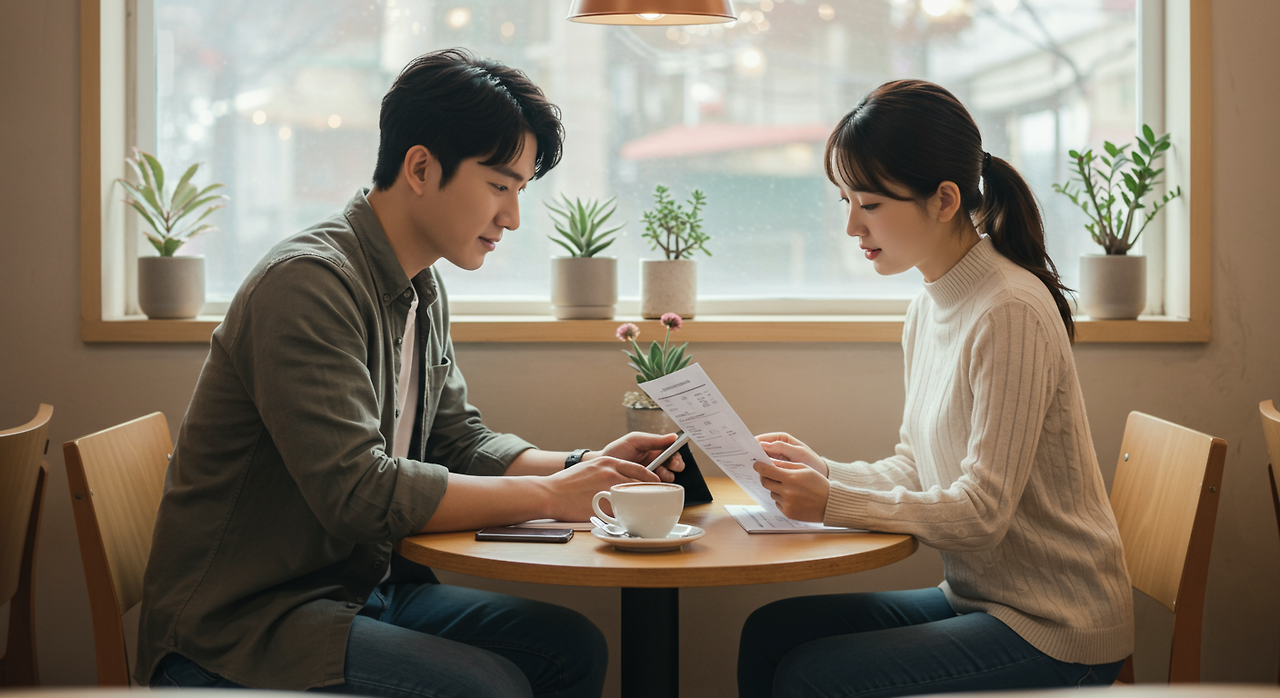 커피숍에서 소득 증명서와 정부 기여금 조건을 검토하는 젊은 커플의 모습