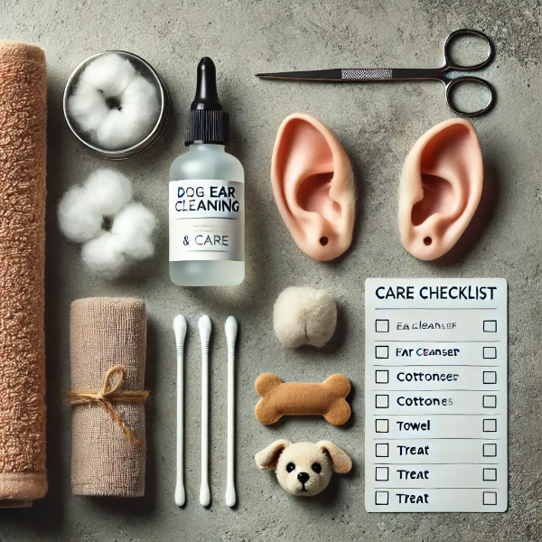 강아지 귀청소를 위한 세정제, 화장솜, 수건, 간식, 관리 체크리스트가 깔끔하게 배치된 상단 뷰