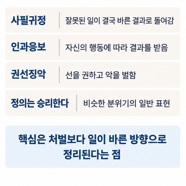사필귀정 인과응보 권선징악 정의는 승리한다의 의미 차이를 비교한 한자성어 인포그래픽