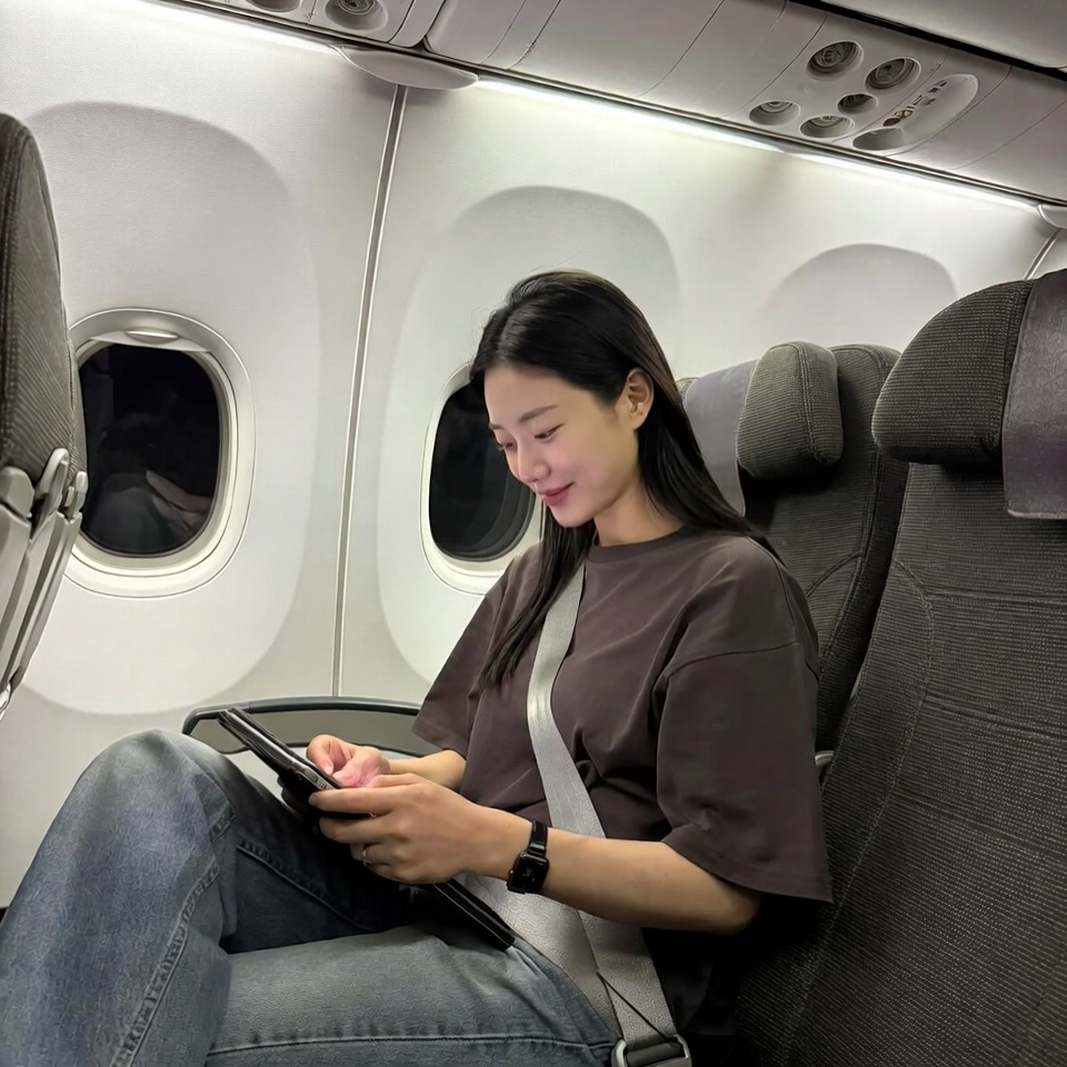 20대 한국여성이 비행기내에서 태블렛을 사용하고 있는 모습