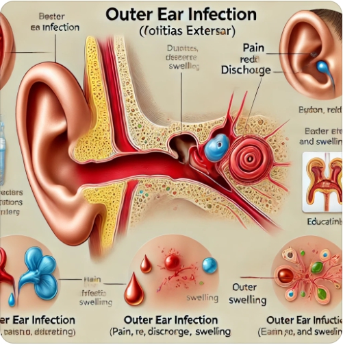 외이도염 증상 – 귀의 발적, 통증, 분비물 인포그래픽