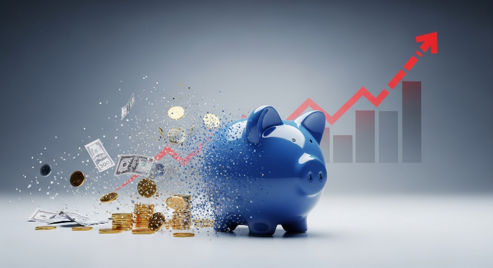 돼지 저금통에서 돈이 줄어들고 사라지는 모습으로 인플레이션이 저축을 잠식하는 것을 시각적으로 표현한 이미지.