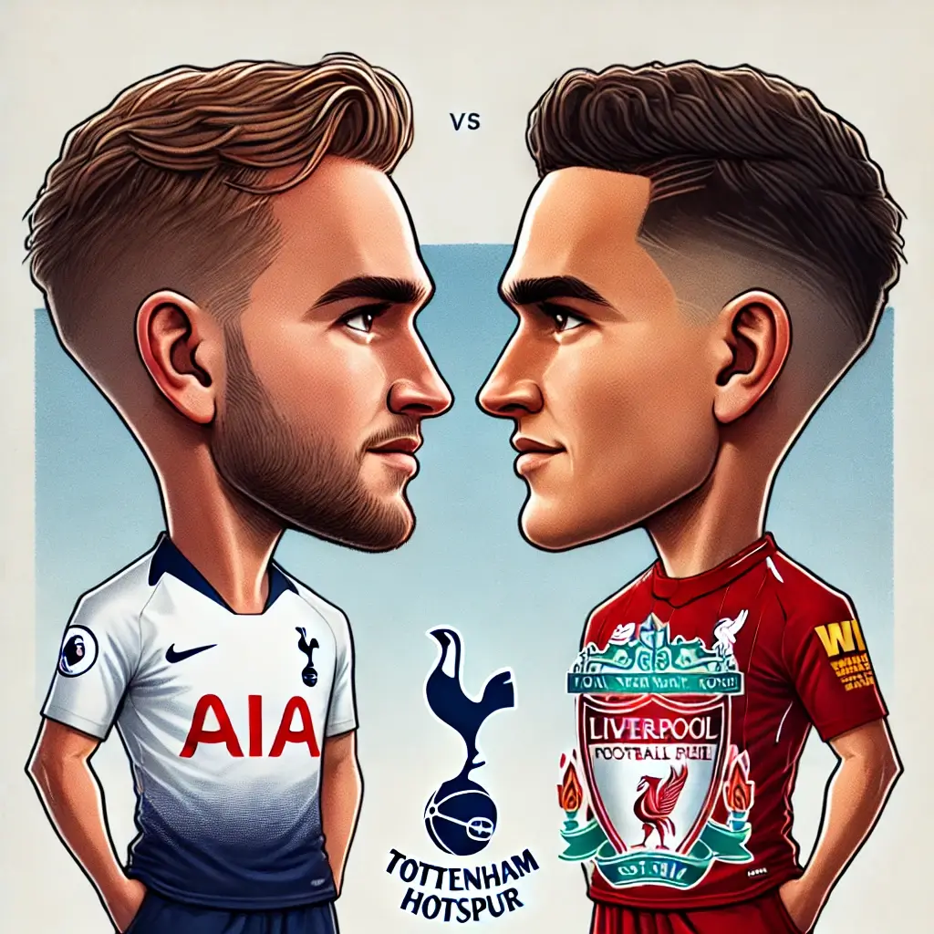 토트넘 선수와 리버풀 선수가 경기 전 마주보고 있는 캐리커처 일러스트
