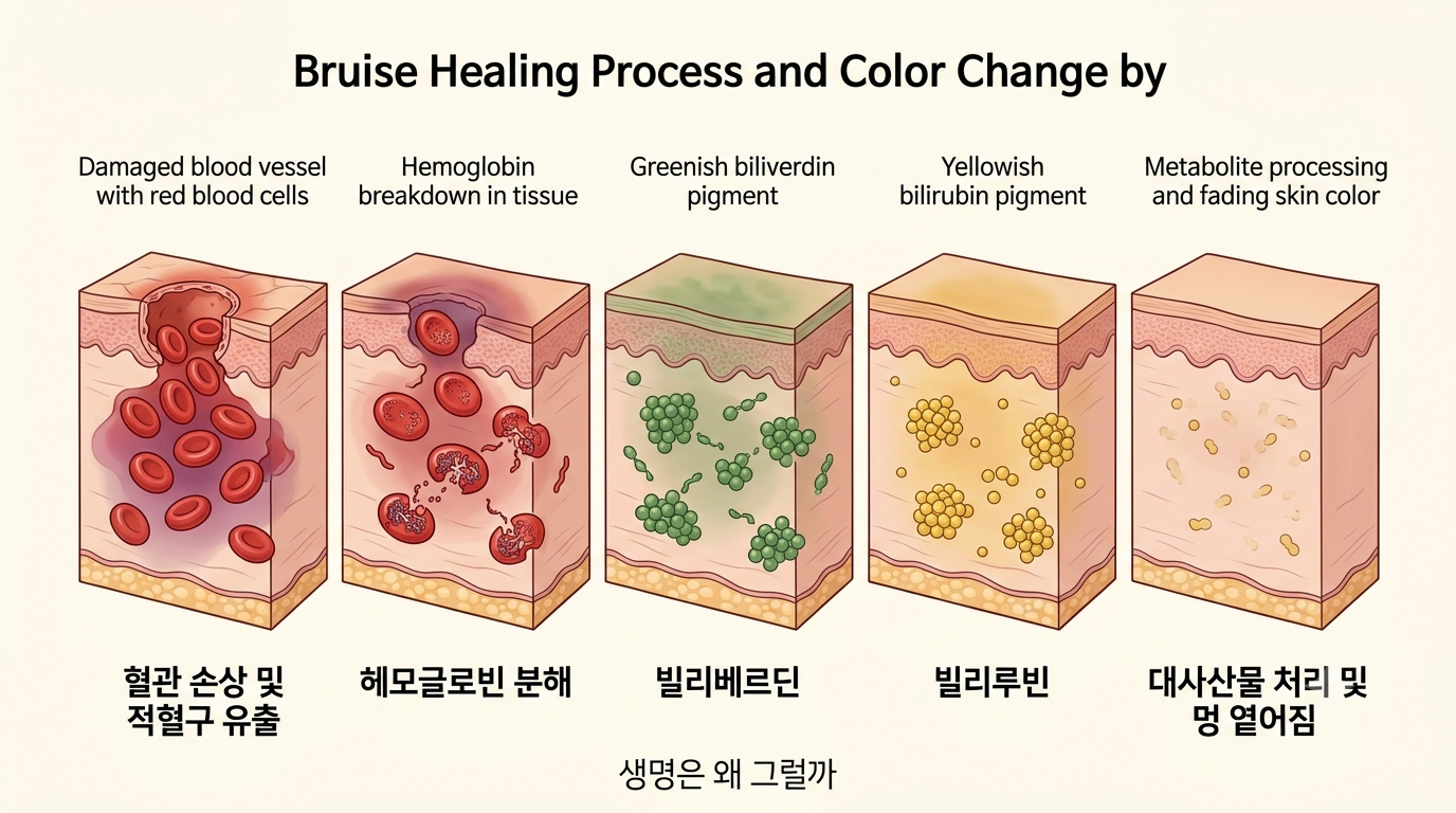 혈관 밖 적혈구 &rarr; 헤모글로빈 &rarr; 헴 분해 &rarr; 빌리베르딘 &rarr; 빌리루빈으로 이어지는 과정을 좀 더 자세히 보여주는 생물학 도식