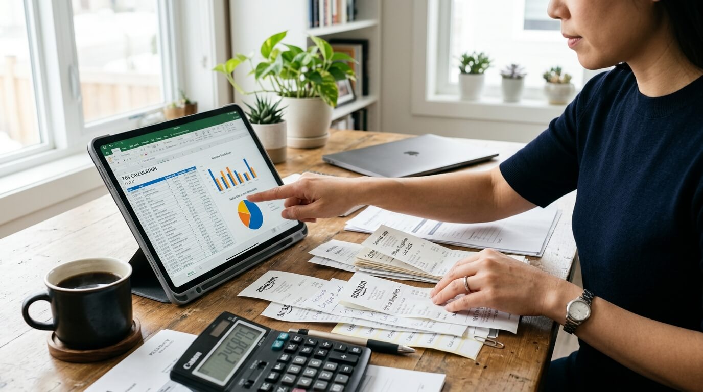 5월 종합소득세 신고를 위해 부업 경비처리 영수증과 장부를 정리하는 모습