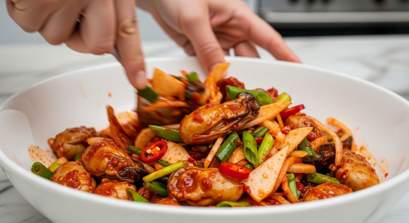 신선한 굴과 채소를 매콤한 양념에 버무리고 있는 굴무침 조리 과정 클로즈업.
