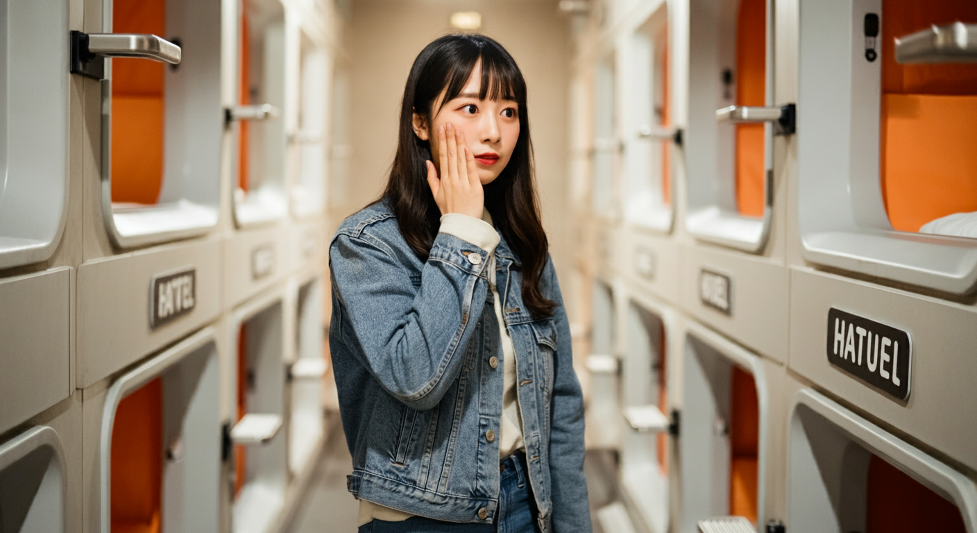 캡슐 호텔에 들어와 신기해 하는 여자
