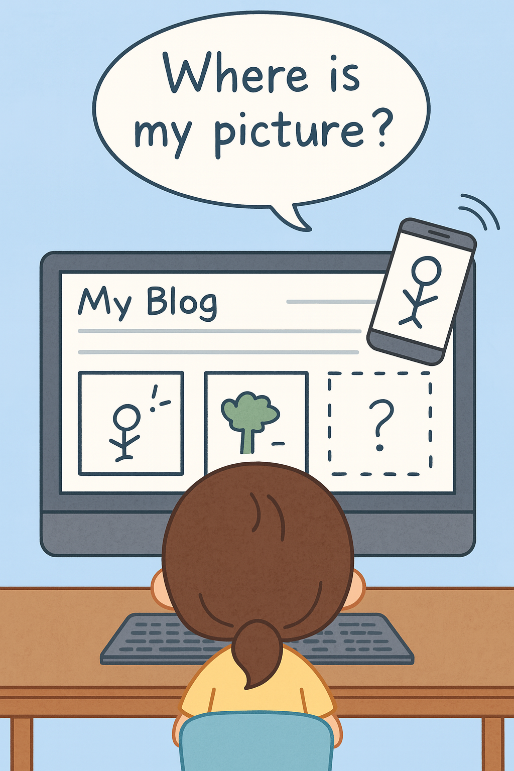 블로그 글을 확인 중인 소녀가 모니터에서 사라진 사진을 보고 당황하는 장면. 모니터에는 세 장 중 한 장의 사진만 사라져 있고, 핸드폰이 날아가며 사진을 들고 있는 모습. 소녀 머리 위에는 “Where is my picture?”라는 말풍선이 떠 있다.