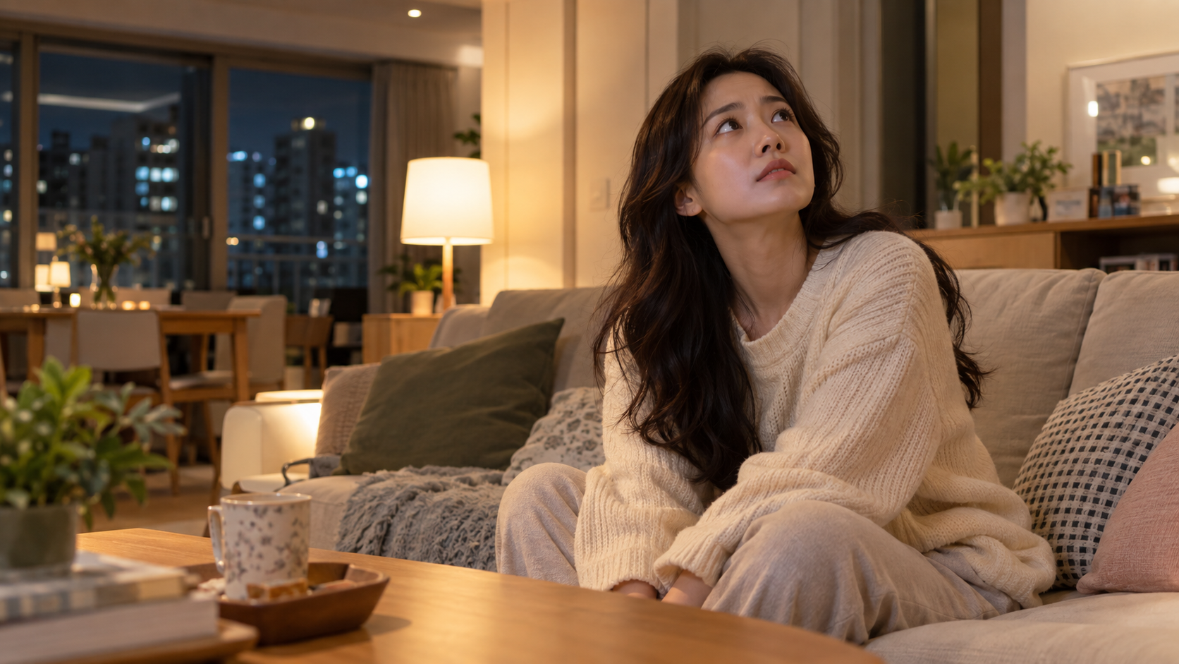 저녁 아파트 거실에서 위층 소리를 듣고 천장을 바라보는 여성