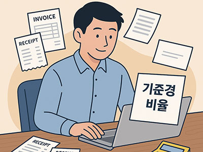 기준경비율 문서를 검토하며 노트북으로 종합소득세를 신고하는 한국 프리랜서. 주변에 청구서&amp;#44; 인보이스&amp;#44; 영수증 문서들이 흩어져 있음