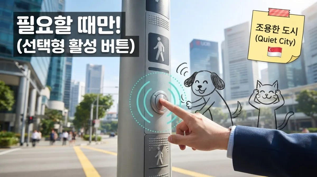 싱가포르 횡단보도 음향 신호 선택 버튼을 누르는 보행자