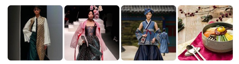 한복을 현대적으로 재해석한 패션쇼 장면과 전통 한식 비주얼