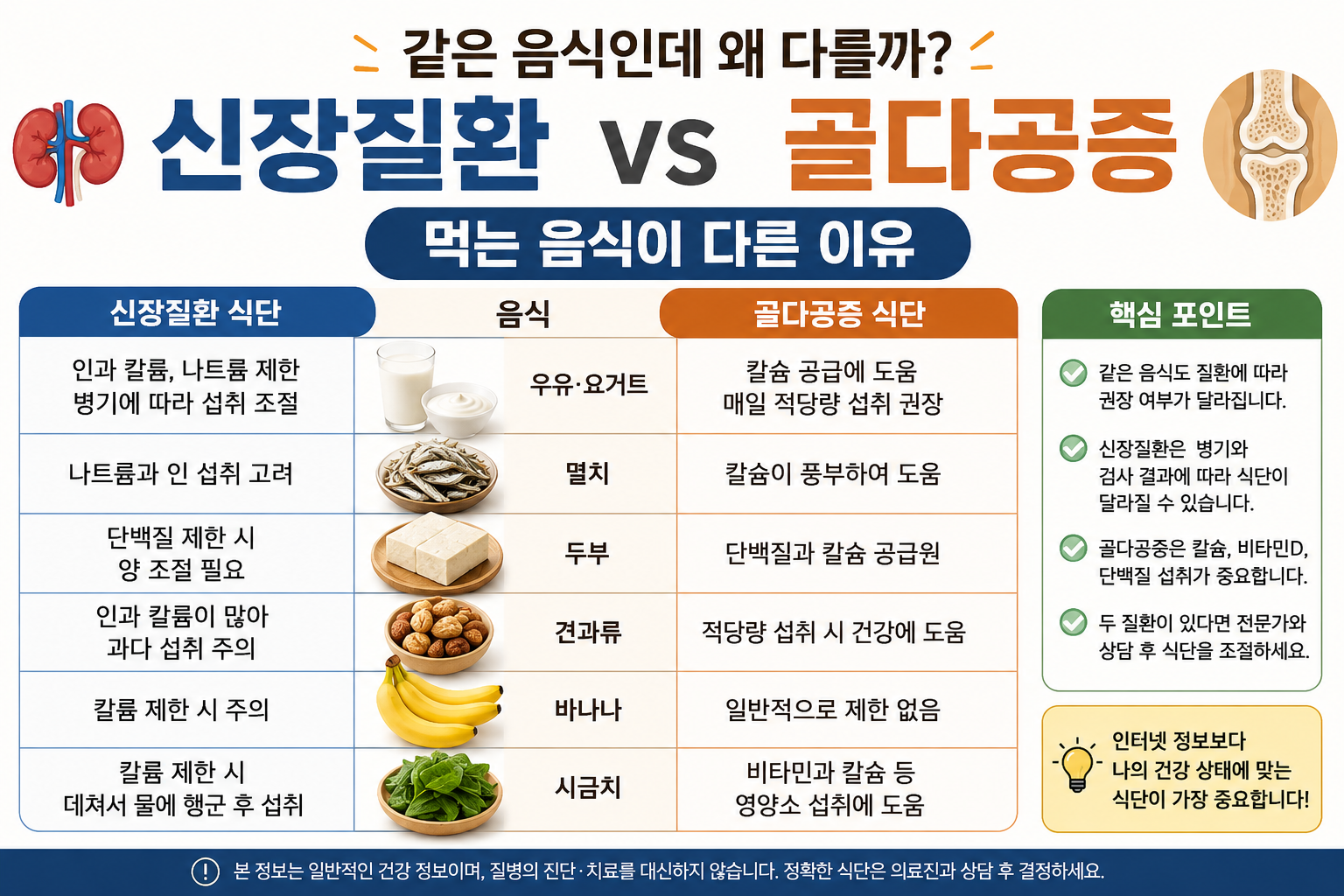 신장질환과 골다공증 식단 차이를 음식별로 비교한 인포그래픽