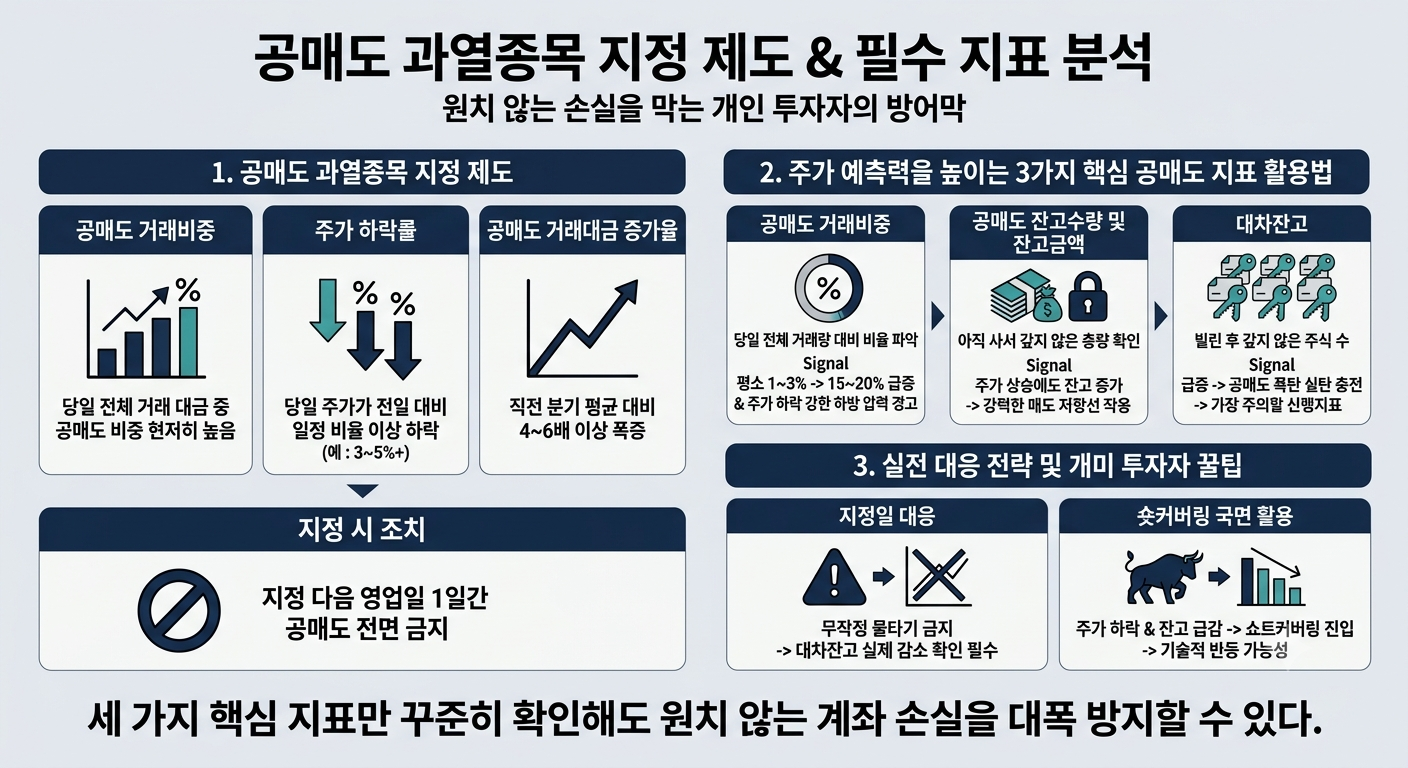 공매도 과열종목 지정 기준과 3대 핵심 지표인 공매도 거래비중, 대차잔고, 잔고수량 분석법 및 숏커버링 대응 전략 요약 인포그래픽