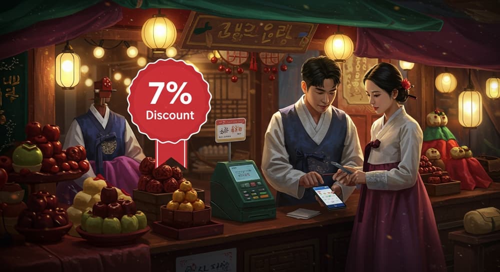 추석 전통시장에서 서울사랑상품권 7% 할인 결제하는 장면