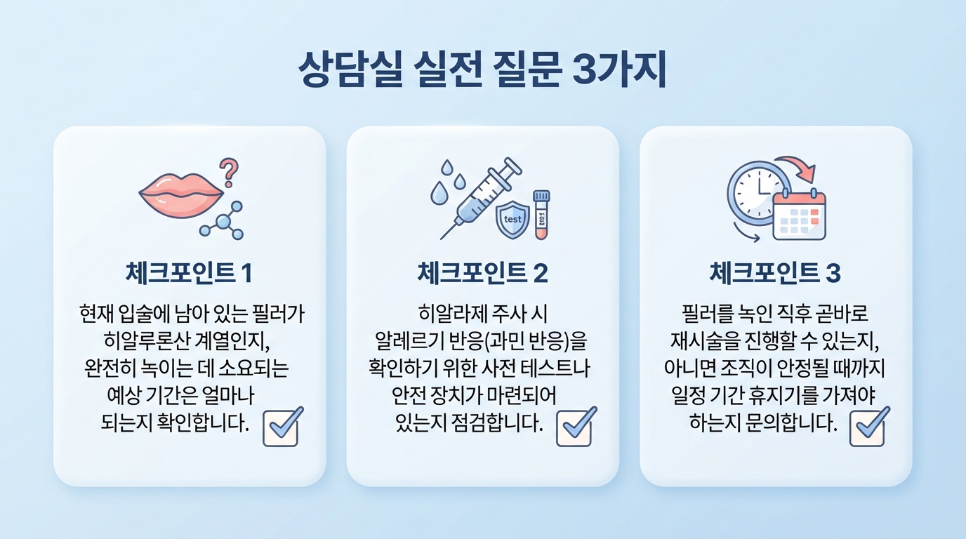 입술 필러 상담 시 확인해야 할 3가지 핵심 질문을 담은 체크리스트 카드. 첫 번째 카드는 필러 종류와 소요 기간 문의, 두 번째 카드는 히알라제 알레르기 테스트 확인, 세 번째 카드는 재시술 가능 시기 문의를 주제로 각각의 질문 내용과 체크박스를 아이콘과 함께 구성함.